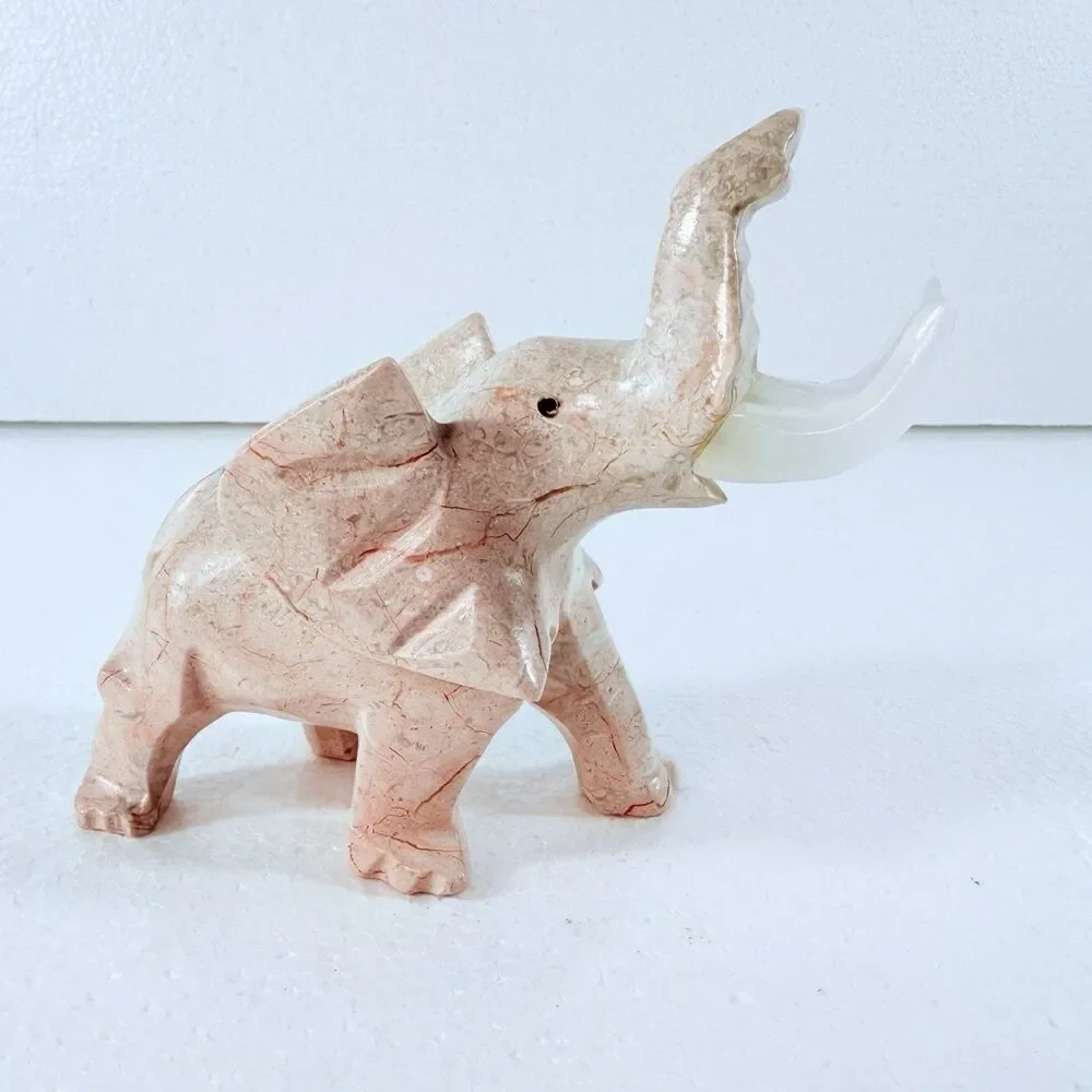 Vintage Onyx Marble Stone Elephant Figurine Trunk Up Luck Statue Hand Carved